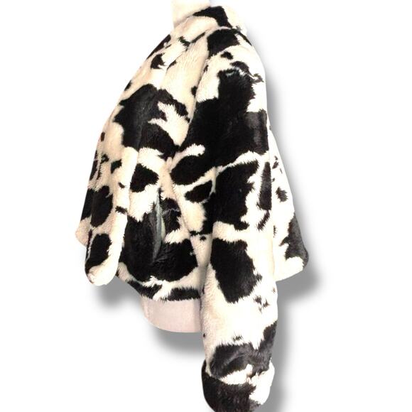 Vintage 90s Black White Western Coat Cow Print Cropped Fleece Faux Fur Jacket - Picture 2 of 10